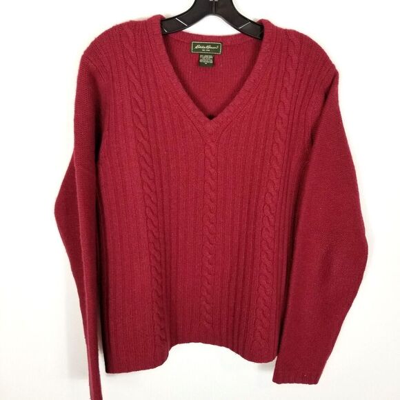 Eddie Bauer Women's Long Sleeve Lambs Wool Angora Sweater Sz M Red Cable Knit - Picture 1 of 5